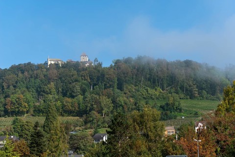 Stein am Rhein, Hohenklingen Castle, mountain, fog, blue sky, Canton Schaffhausen, Switzerland,