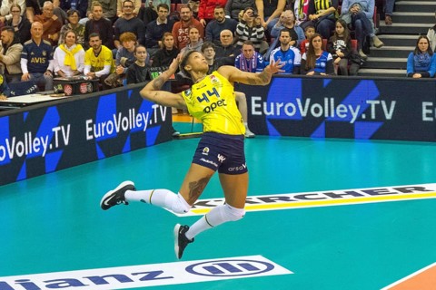 Volleyball match, Melissa VARGAS Fenerbahce Opet Istanbul serving while floating in the air,