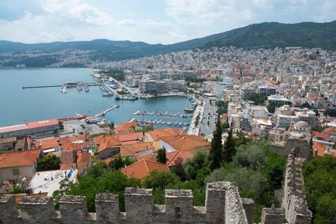 View of a harbour with numerous boats surrounded by city architecture, Kavala, Dimos Kavalas,