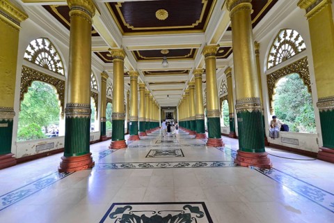 Entrance area, pilgrims in the Shwedagon Pagoda, Yangon, Myanmar, Asia
