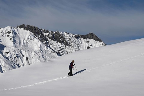 Snowshoe hiking in the Beverin nature park Park, Graubuenden, Switzerland, Europe