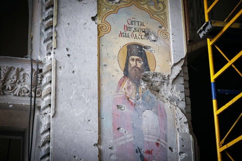 Destroyed paintings in the Ukrainian Orthodox Transfiguration Cathedral on Soborna Square in Odessa