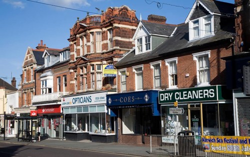 High Street shops in the town centre of Dovercourt, Harwich, Essex, England, United Kingdom, Europe