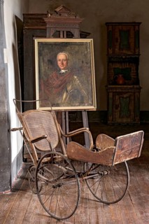 Portrait of Ernst Casimir Count of Ysenburg and Buedingen, painting on easel, old Thonet wheelchair