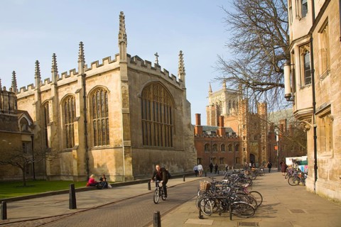 View to St John's college along Trinity Street, Cambridge, England with Trinity College chapel in