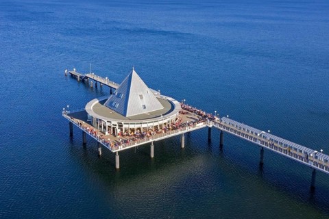 Heringsdorf Pier, Seebruecke Heringsdorf stretching out into the Baltic Sea on the island of