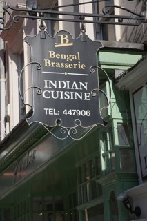 Bengal Brasserie Indian Cuisine restaurant sign, Milsom Street, Bath, Somerset, England, United