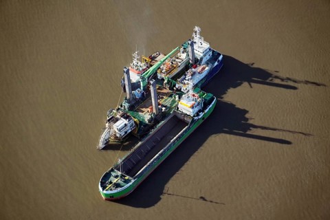 Aerial photo, suction dredger Peter, ship, working ship, Elbe, Elbe deepening, Germany, Europe