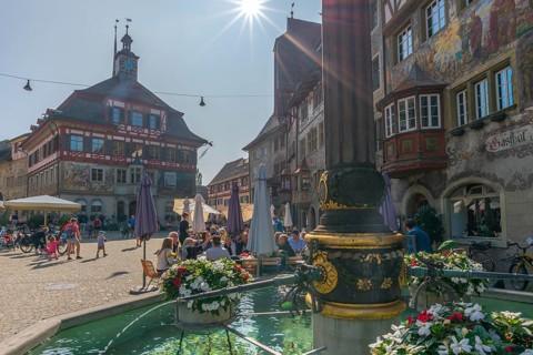 Stein am Rhein, historic old town, town hall, town hall square, murals, fountain, inn,