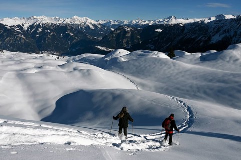 Snowshoe hiking in the Beverin nature park Park, Graubuenden, Switzerland, Europe
