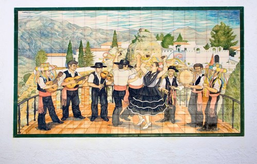 Ceramic tiles picture folk dancers musicians Comares village, Axarquia region, Malaga province,