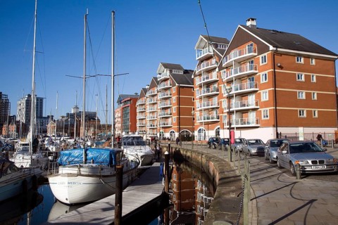Modern waterside apartment buildings, Wet Dock redevelopment, Ipswich, Suffolk, England, United