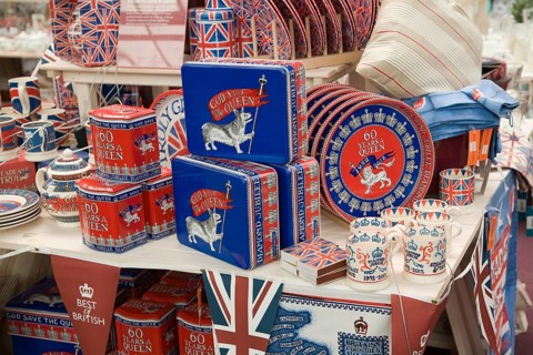 Royal Jubilee memorabilia products on display in shop, June 2012