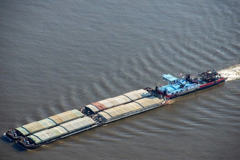 Aerial photo, pushed convoy, pushed barge. barge, lighter, Elbe, transport, ship, Elbe, Hamburg,