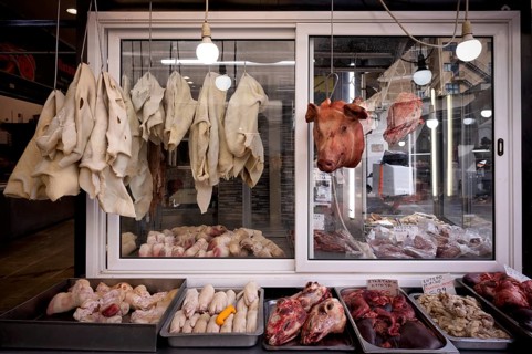 Display of fresh meat, butcher's shop, pig's head, sheep's head, offal, food, Kapani market, Vlali,