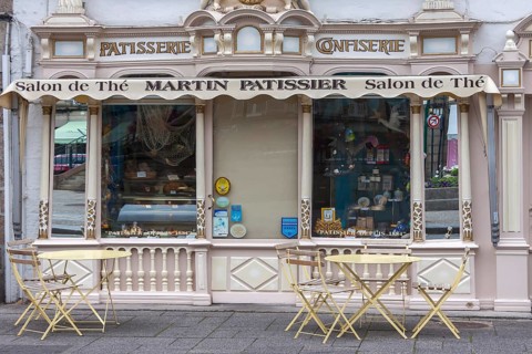 Place des Otages, shop window of an old patisserie confectionery, Morlaix Montroulez, Finistere