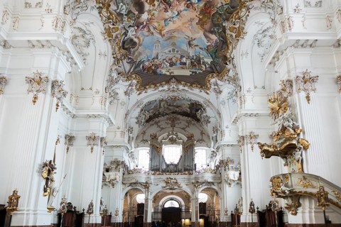 Baroque church, interior view, Marienmuenster, Diessen, Ammersee, Fuenfseenland, Pfaffenwinkel,