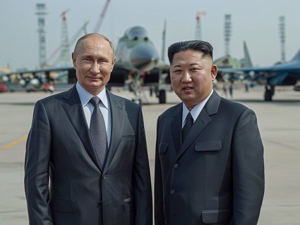 Russian President Vladimir Putin stands with President of Korea Kim Jong Un. AI generated
