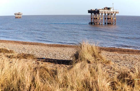 Offshore water intake and outlet towers supply cooling water to Sizewell nuclear power station,