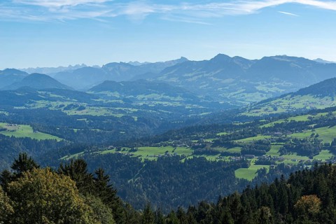 Alpine view from the Pfaender, 1064m, local mountain of Bregenz, Vorarlberg, Alps, Austria, Europe
