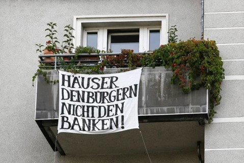 Protest by a tenants' initiative in Boxhagener Strasse in Berlin's Friedrichshain district. The