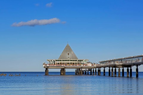 Heringsdorf Pier, Seebruecke Heringsdorf stretching out into the Baltic Sea on the island of