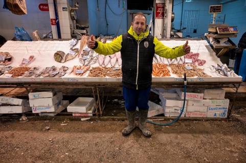 Trader, fishmonger posing proudly in front of his market stall, display of fresh fish and seafood