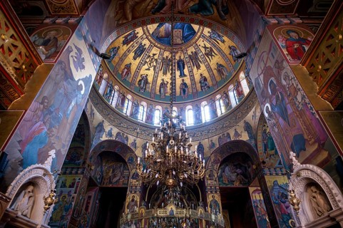 Interior view of the church, Metropolitan Church of St Gregorios Palamas, dome, mosaic, chandelier,