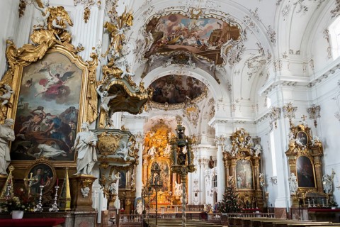 Baroque church, interior view, Marienmuenster, Diessen, Ammersee, Fuenfseenland, Pfaffenwinkel,