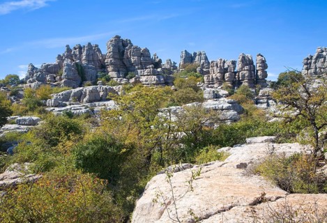 Dramatic limestone scenery of rocks shaped by erosion and weathering at El Torcal de Antequera