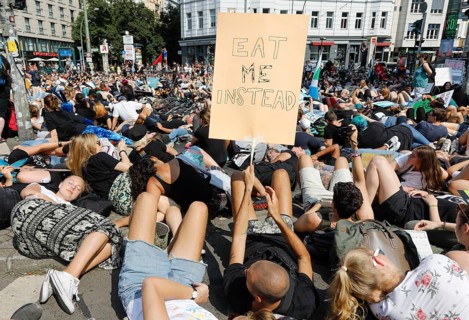 Mass die In, at the Official Animal Rights March demo at Rosenthaler Platz in Berlin. The Animal