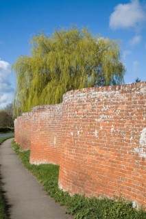 Red brick crinkle crankle or serpentine wall at Easton, Suffolk, England, United Kingdom, Europe