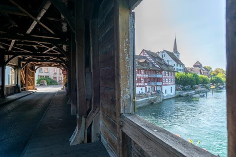 Border town of Dissenhofen on the Rhine, wooden bridge, half-timbered houses, Frauenfeld district,