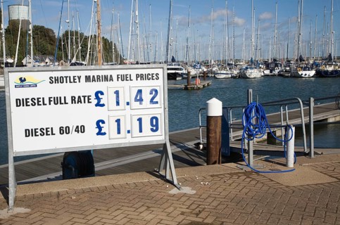 Diesel fuel prices at Shotley marina, Suffolk, England photographed in 2012