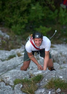 Climber in limestone near Sigmaringen Danube Valley, Baden-Wuerttemberg, Germany, vintage, retro,