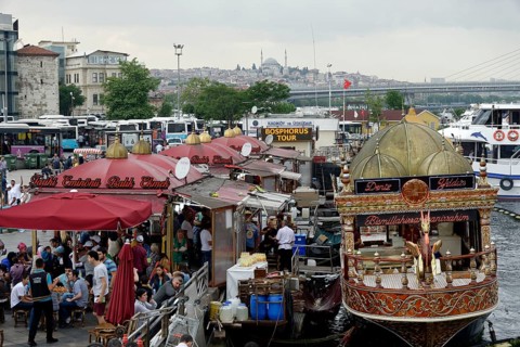 View from the Galata Bridge, Galata Koepruesue, on market and fish stall in Eminoenue