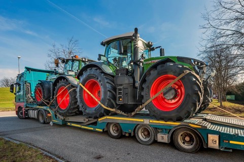 Low loader with two Fendt tractors, Kempten, Bavaria, Allgaeu, Germany, Europe
