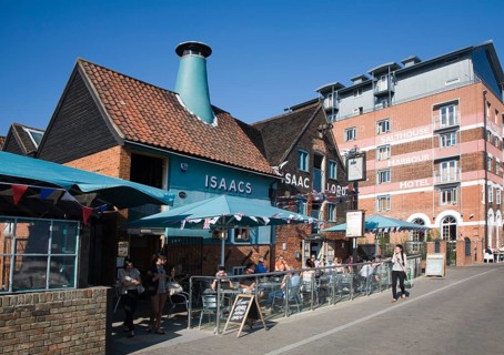 Converted warehouses Isaac Lord pub and Salthouse Harbour hotel, Wet Dock waterfront redevelopment,