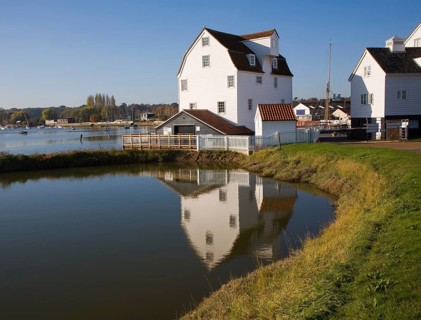 Tide mill pool reflection in mill pond Eiver Deben, Woodbridge, Suffolk, England. The present mill