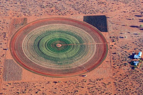 Aerial photo, circular field in the Kalahari desert, agriculture, irrigation, groundwater, alfalfa,