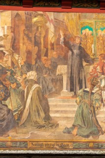 Stein am Rhein, historic old town, mural painting, Swiss theologian Zwingli preaches in Stein,
