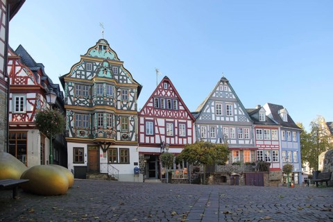 Half-timbered houses and Killingerhaus on Koenig-Adolf-Platz, Idstein, Taunus, Hesse, Germany,