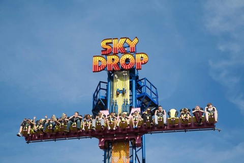 Sky Drop freefall gravity funfair ride Pleasure Beach, Great Yarmouth, Norfolk, England, United