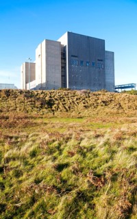 The decommissioned Magnox reactor block of Sizewell A nuclear power station, officially opened 7