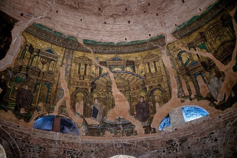 Interior view of Rotonda, rotunda of Galerius, Roman round temple, dome with wall mosaic,