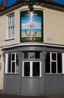 Sign and building detail of the Anchor pub in Quay Street, Woodbridge, Suffolk, England, United