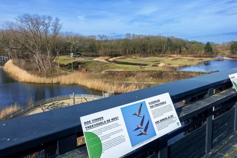 Information boards and view from panorama platform over the Zwin Nature Park, bird sanctuary at