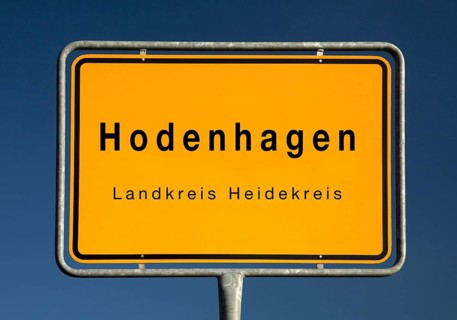 Town sign Hodenhagen, municipality in the district of Heidekreis, Lower Saxony, Germany, Europe