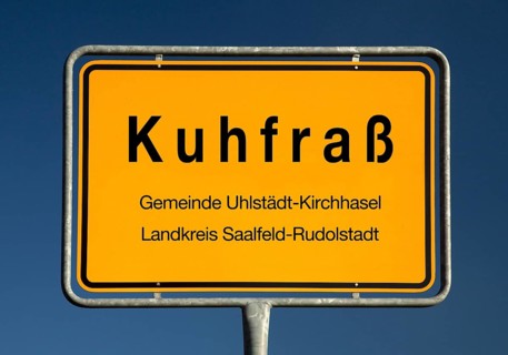Town sign Kuhfrass, part of the municipality of Uhlstaedt-Kirchhasel, district of