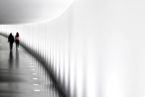 Members of the German Bundestag walk through a tunnel. The tunnel connects the Reichstag and the